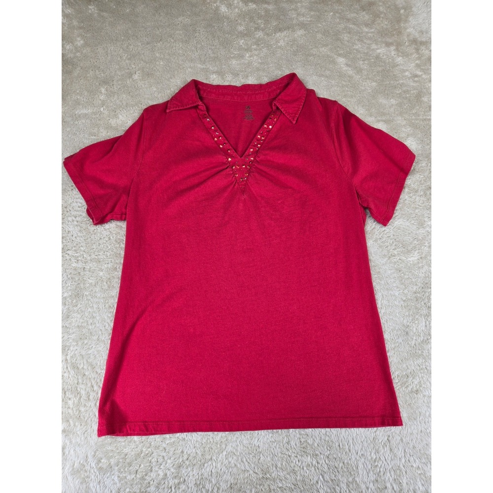 Bobbie Brooks Red Studded V-Neck Polo Top‎ Short Sleeve Cotton L 12-14